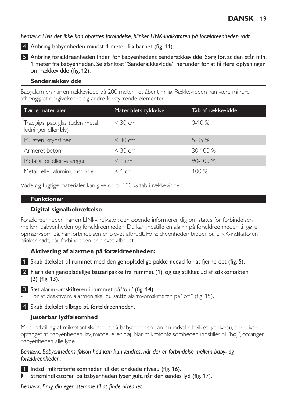 Senderækkevidde, Funktioner, Digital signalbekræftelse | Aktivering af alarmen på forældreenheden, Justérbar lydfølsomhed | Philips SCD481 User Manual | Page 19 / 152