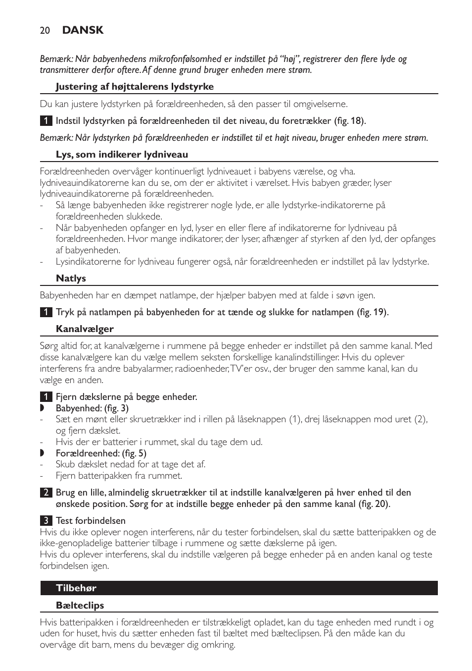 Justering af højttalerens lydstyrke, Lys, som indikerer lydniveau, Natlys | Kanalvælger, Tilbehør, Bælteclips | Philips SCD481 User Manual | Page 20 / 152