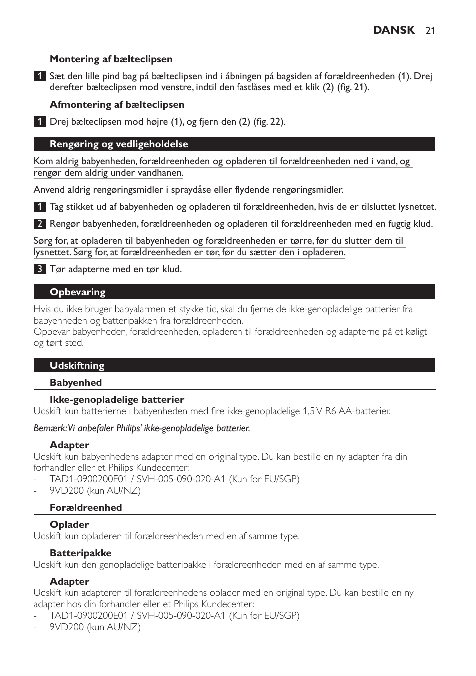 Montering af bælteclipsen, Afmontering af bælteclipsen, Rengøring og vedligeholdelse | Opbevaring, Udskiftning, Babyenhed, Ikke-genopladelige batterier, Adapter, Forældreenhed, Oplader | Philips SCD481 User Manual | Page 21 / 152