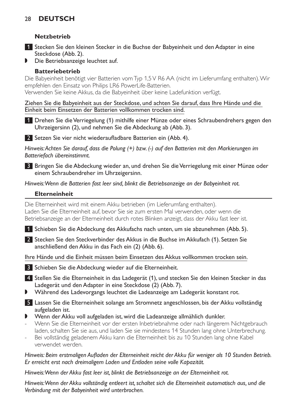 Netzbetrieb, Batteriebetrieb, Elterneinheit | Philips SCD481 User Manual | Page 28 / 152