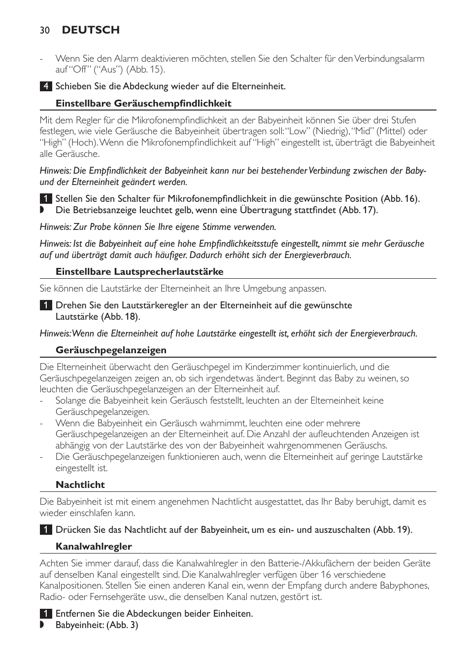 Einstellbare geräuschempfindlichkeit, Einstellbare lautsprecherlautstärke, Geräuschpegelanzeigen | Nachtlicht, Kanalwahlregler | Philips SCD481 User Manual | Page 30 / 152