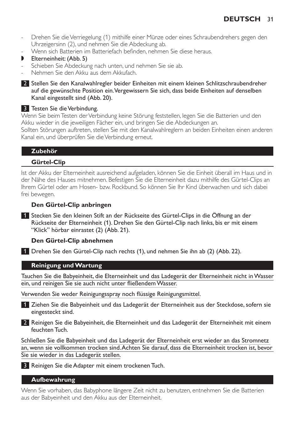 Zubehör, Gürtel-clip, Den gürtel-clip anbringen | Den gürtel-clip abnehmen, Reinigung und wartung, Aufbewahrung | Philips SCD481 User Manual | Page 31 / 152