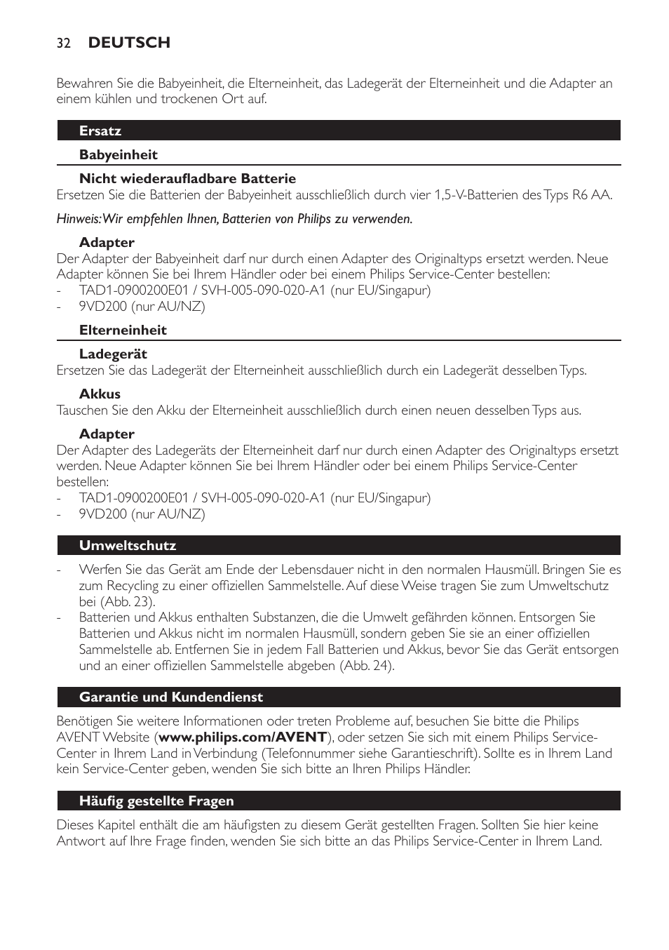 Ersatz, Babyeinheit, Nicht wiederaufladbare batterie | Adapter, Elterneinheit, Ladegerät, Akkus, Umweltschutz, Garantie und kundendienst, Häufig gestellte fragen | Philips SCD481 User Manual | Page 32 / 152