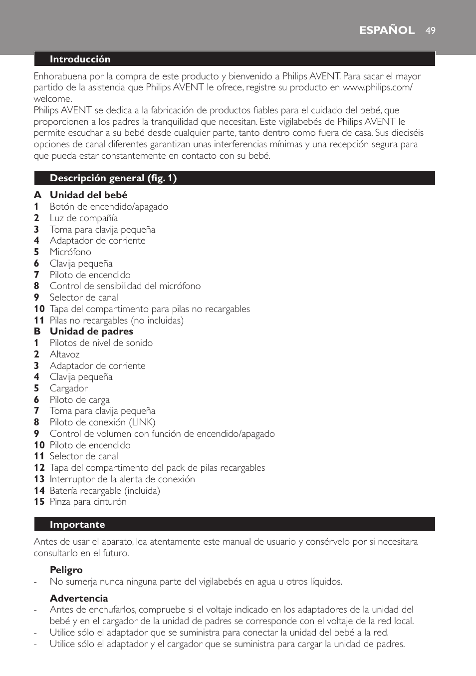 Peligro, Advertencia, Español | Introducción, Descripción general (fig. 1), Importante | Philips SCD481 User Manual | Page 49 / 152