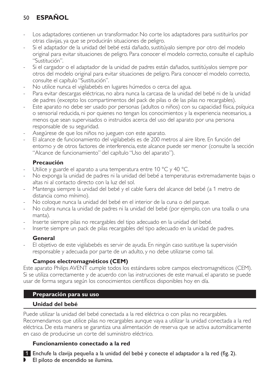 Precaución, General, Campos electromagnéticos (cem) | Preparación para su uso, Unidad del bebé, Funcionamiento conectado a la red | Philips SCD481 User Manual | Page 50 / 152