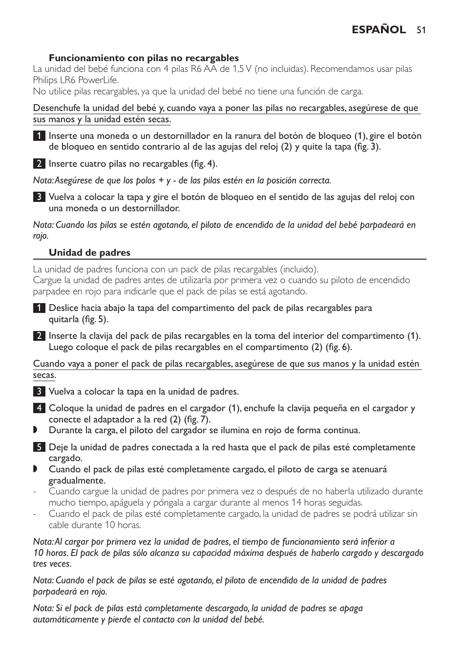 Funcionamiento con pilas no recargables, Unidad de padres | Philips SCD481 User Manual | Page 51 / 152