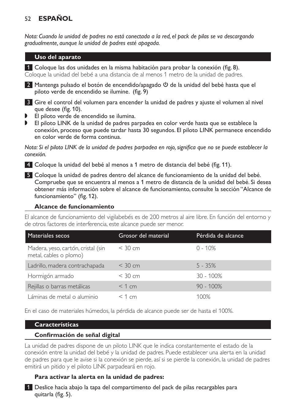 Uso del aparato, Alcance de funcionamiento, Características | Confirmación de señal digital, Para activar la alerta en la unidad de padres | Philips SCD481 User Manual | Page 52 / 152