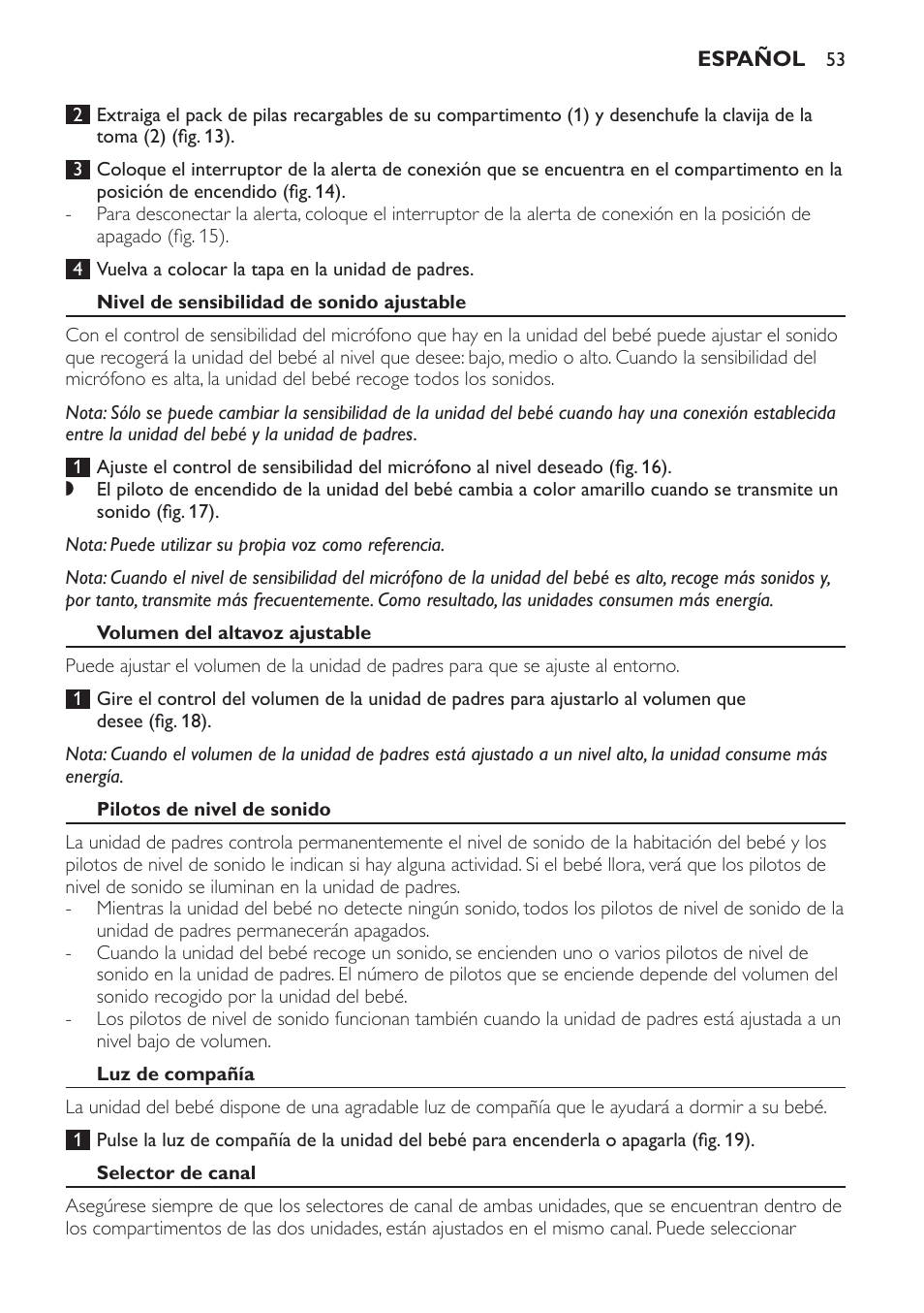 Nivel de sensibilidad de sonido ajustable, Volumen del altavoz ajustable, Pilotos de nivel de sonido | Luz de compañía, Selector de canal | Philips SCD481 User Manual | Page 53 / 152
