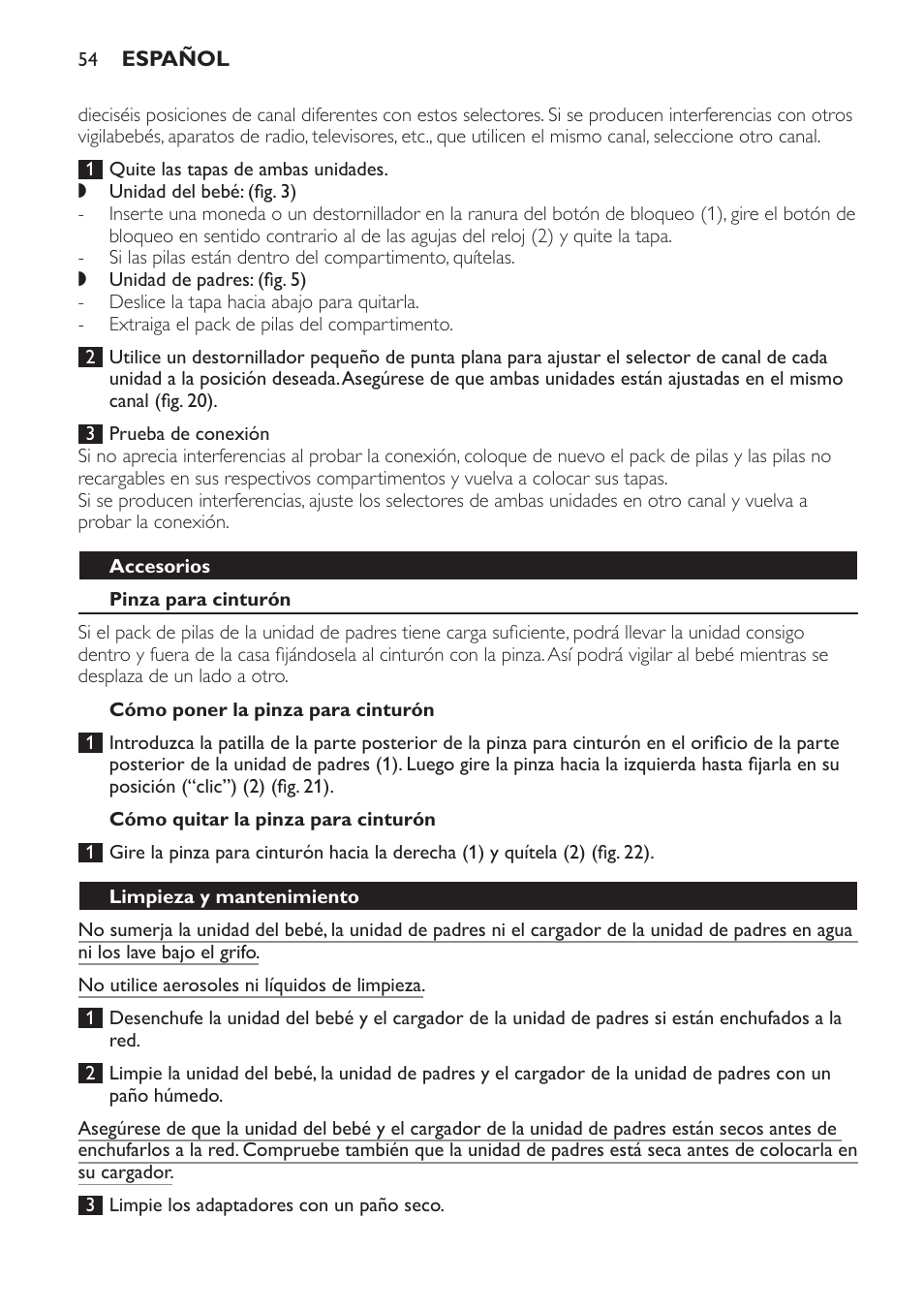 Accesorios, Pinza para cinturón, Cómo poner la pinza para cinturón | Cómo quitar la pinza para cinturón, Limpieza y mantenimiento | Philips SCD481 User Manual | Page 54 / 152