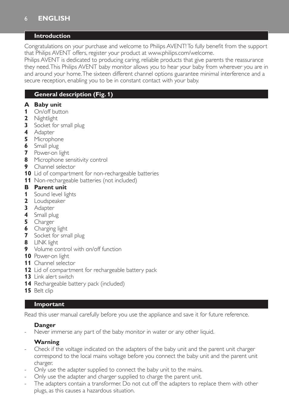 English, Introduction, General description (fig. 1) | Important, Danger, Warning | Philips SCD481 User Manual | Page 6 / 152