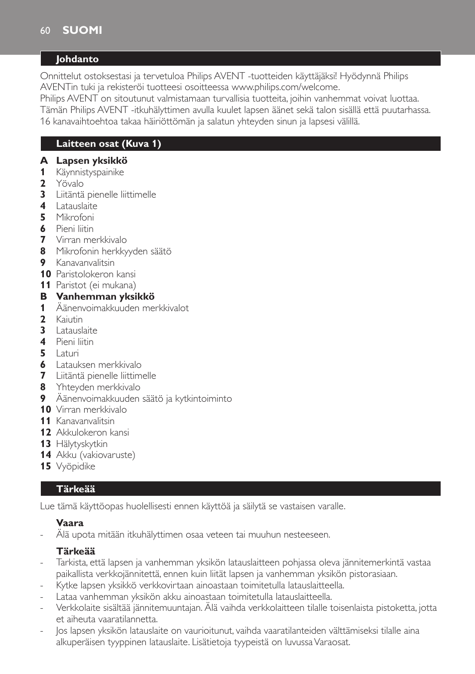 Vaara, Tärkeää, Suomi | Johdanto, Laitteen osat (kuva 1) | Philips SCD481 User Manual | Page 60 / 152