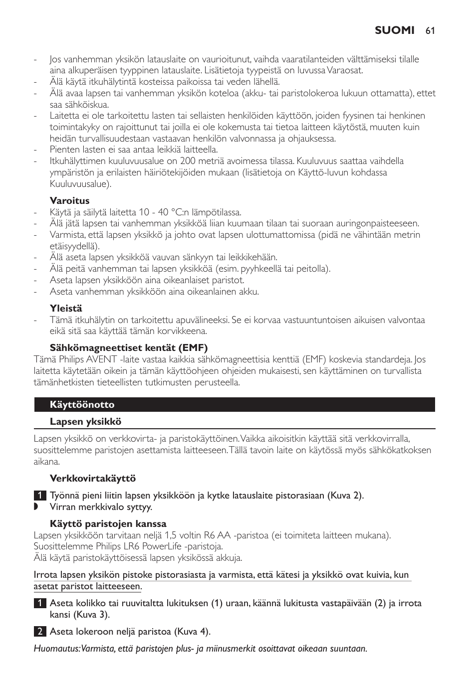 Varoitus, Yleistä, Sähkömagneettiset kentät (emf) | Käyttöönotto, Lapsen yksikkö, Verkkovirtakäyttö, Käyttö paristojen kanssa | Philips SCD481 User Manual | Page 61 / 152