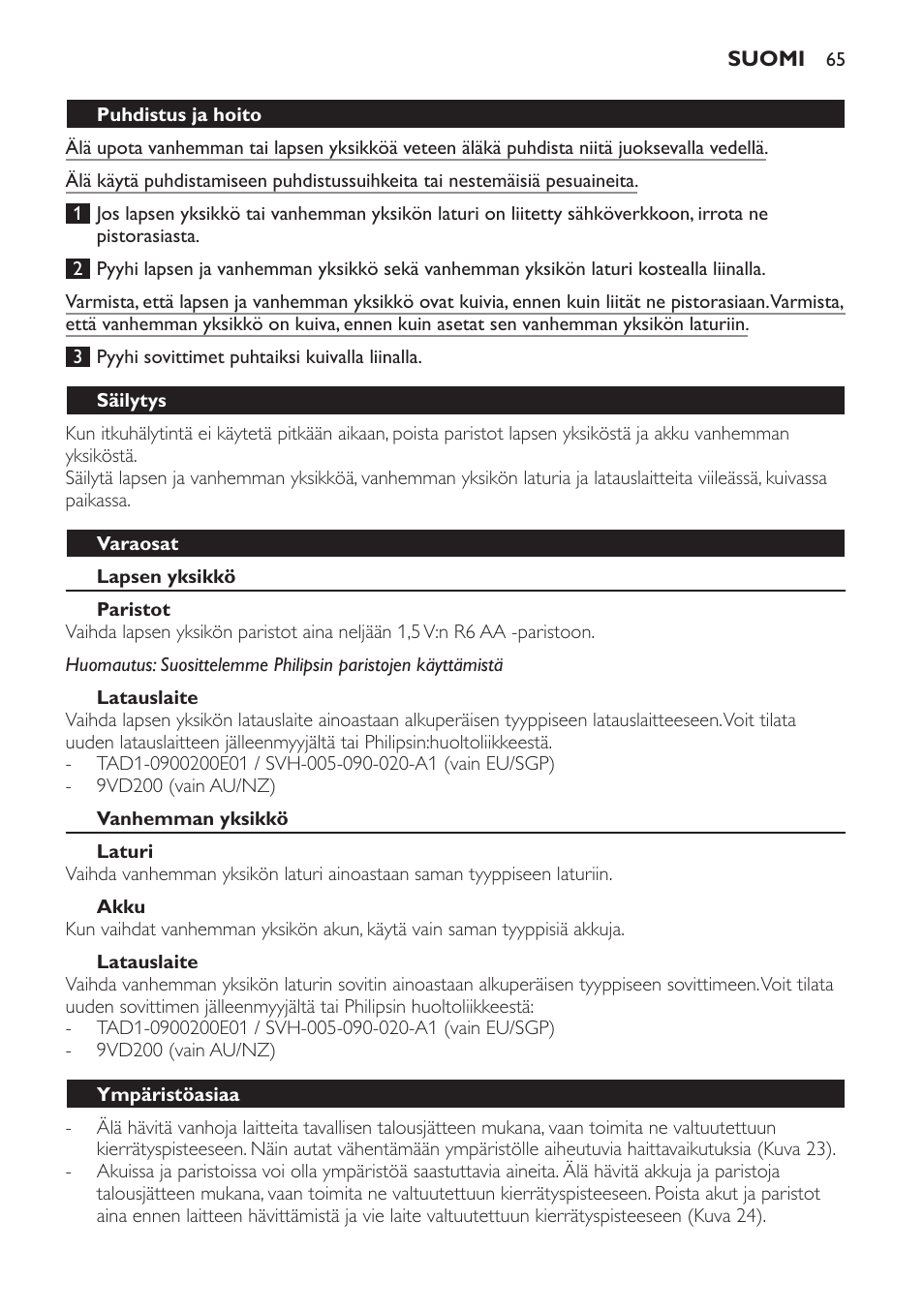 Säilytys, Varaosat, Lapsen yksikkö | Paristot, Latauslaite, Vanhemman yksikkö, Laturi, Akku, Ympäristöasiaa | Philips SCD481 User Manual | Page 65 / 152