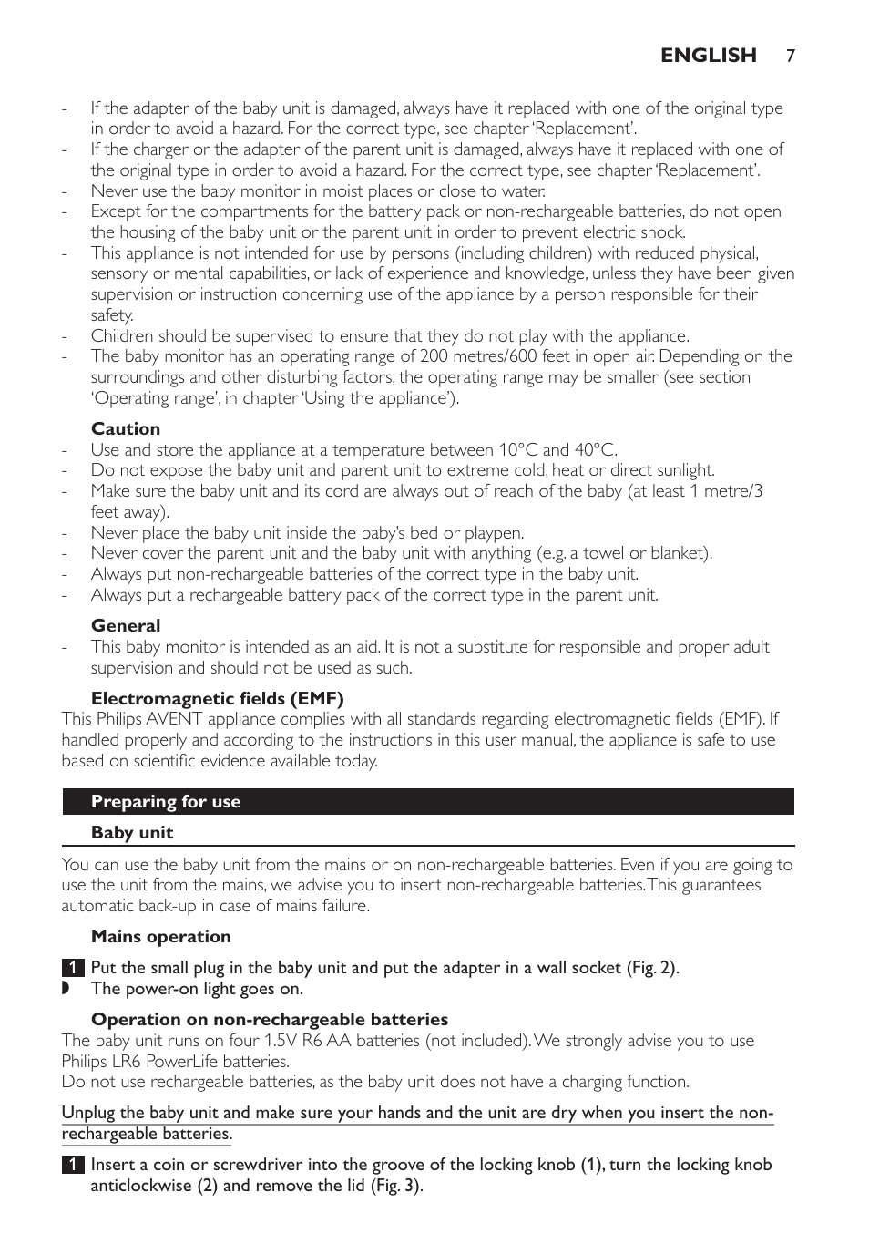 Caution, General, Electromagnetic fields (emf) | Preparing for use, Baby unit, Mains operation, Operation on non-rechargeable batteries | Philips SCD481 User Manual | Page 7 / 152