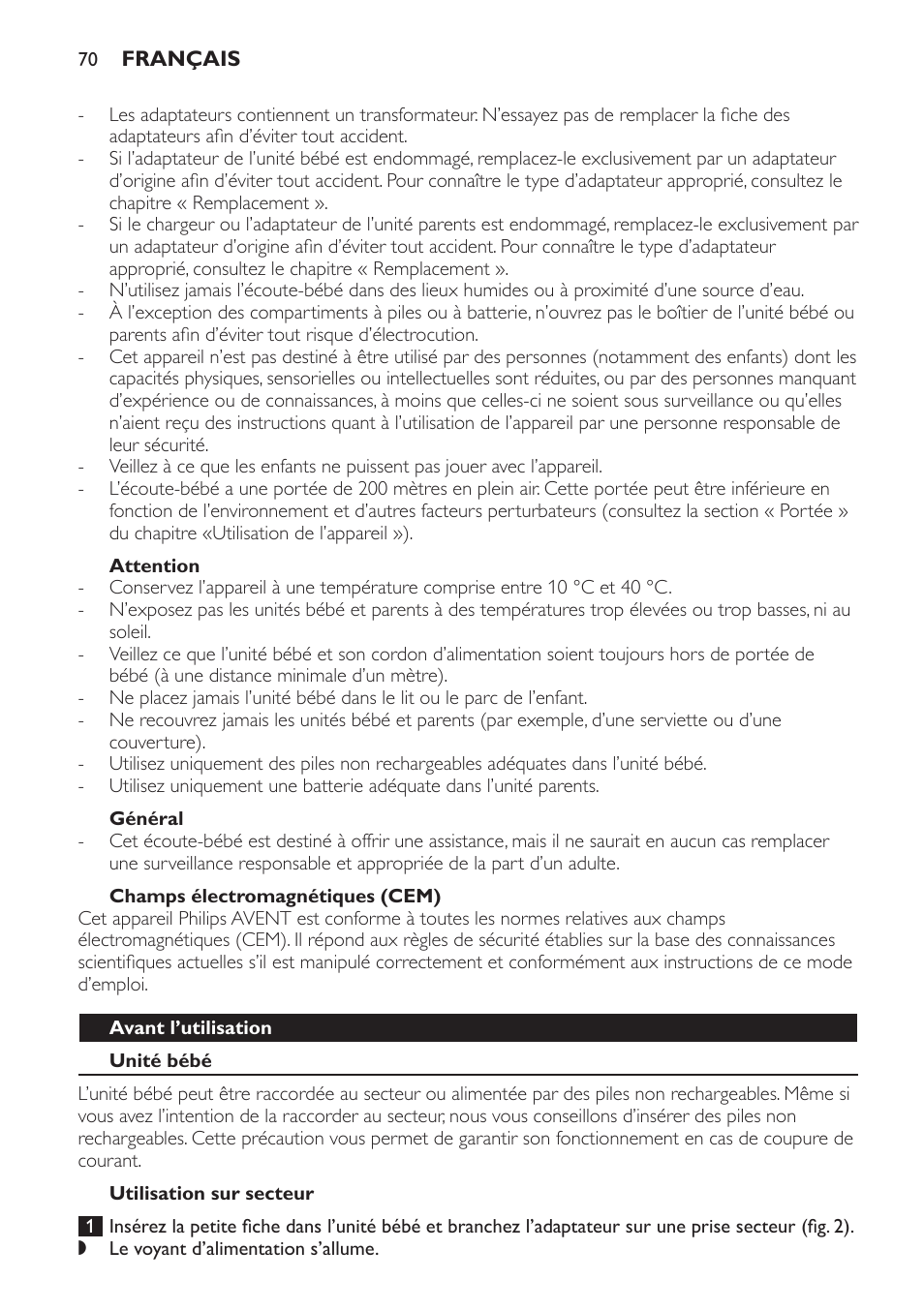 Attention, Général, Champs électromagnétiques (cem) | Avant l’utilisation, Unité bébé, Utilisation sur secteur | Philips SCD481 User Manual | Page 70 / 152