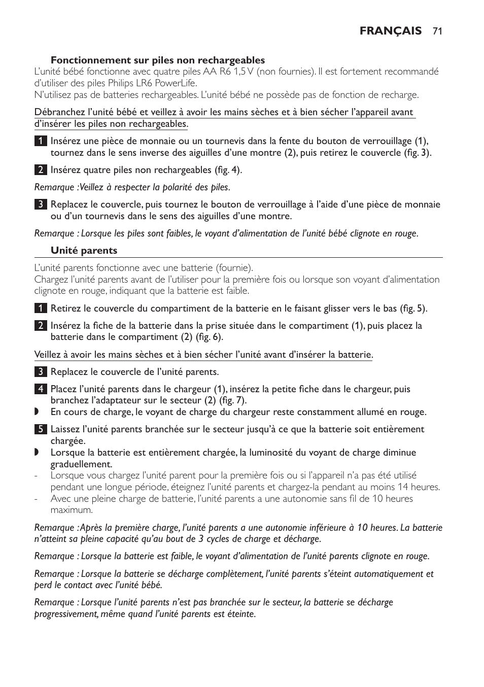 Fonctionnement sur piles non rechargeables, Unité parents, Utilisation de l’appareil | Philips SCD481 User Manual | Page 71 / 152