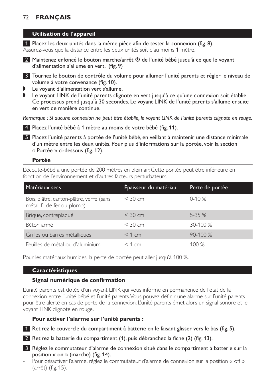 Portée, Caractéristiques, Signal numérique de confirmation | Pour activer l’alarme sur l’unité parents | Philips SCD481 User Manual | Page 72 / 152