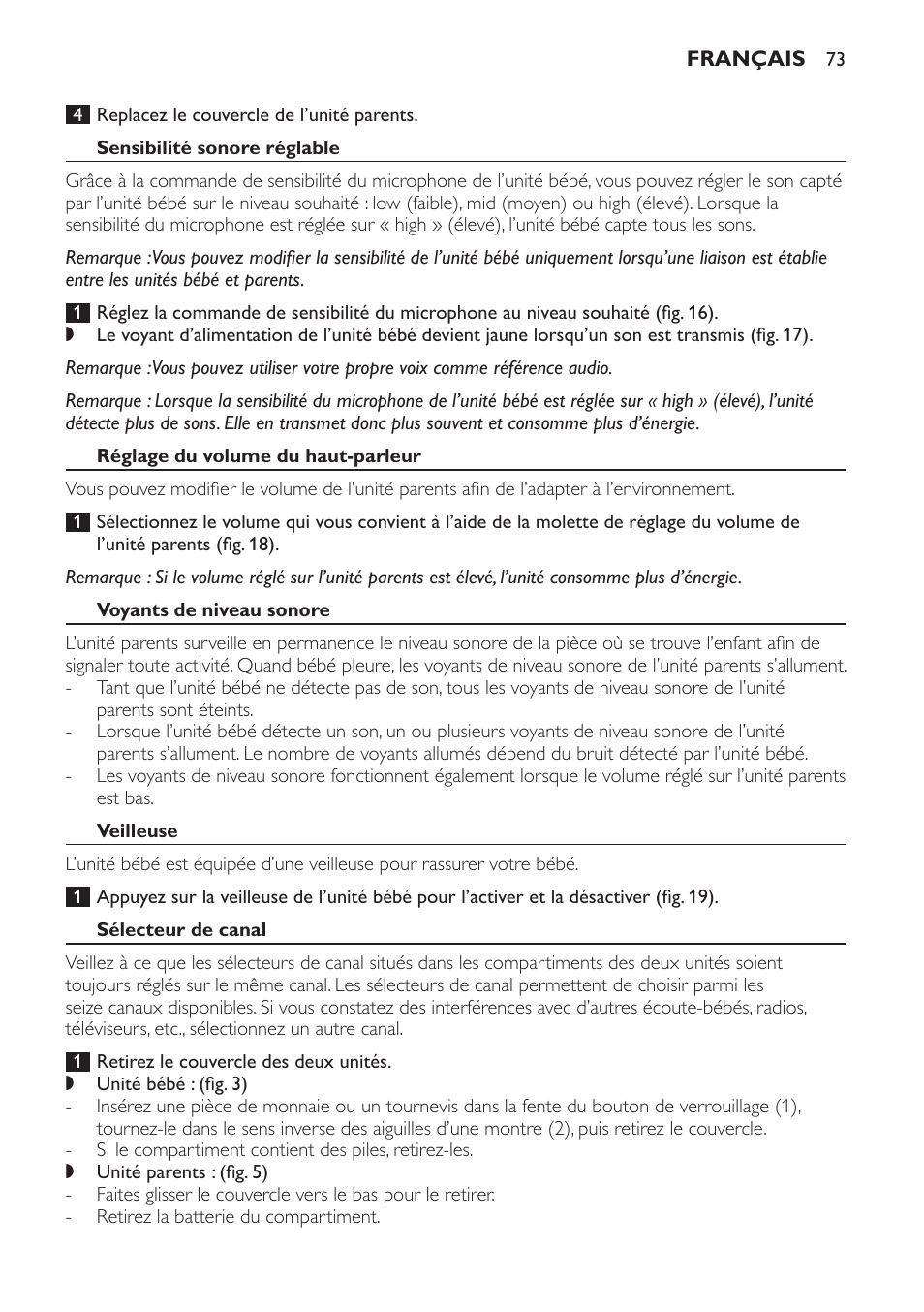 Sensibilité sonore réglable, Réglage du volume du haut-parleur, Voyants de niveau sonore | Veilleuse, Sélecteur de canal | Philips SCD481 User Manual | Page 73 / 152