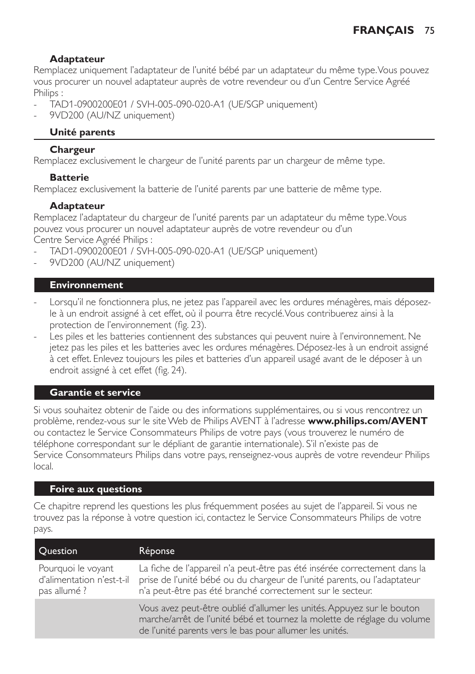 Adaptateur, Unité parents, Chargeur | Batterie, Environnement, Garantie et service, Foire aux questions | Philips SCD481 User Manual | Page 75 / 152