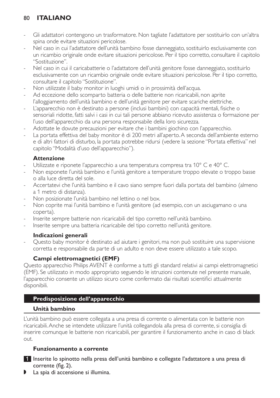 Attenzione, Indicazioni generali, Campi elettromagnetici (emf) | Predisposizione dell’apparecchio, Unità bambino, Funzionamento a corrente | Philips SCD481 User Manual | Page 80 / 152