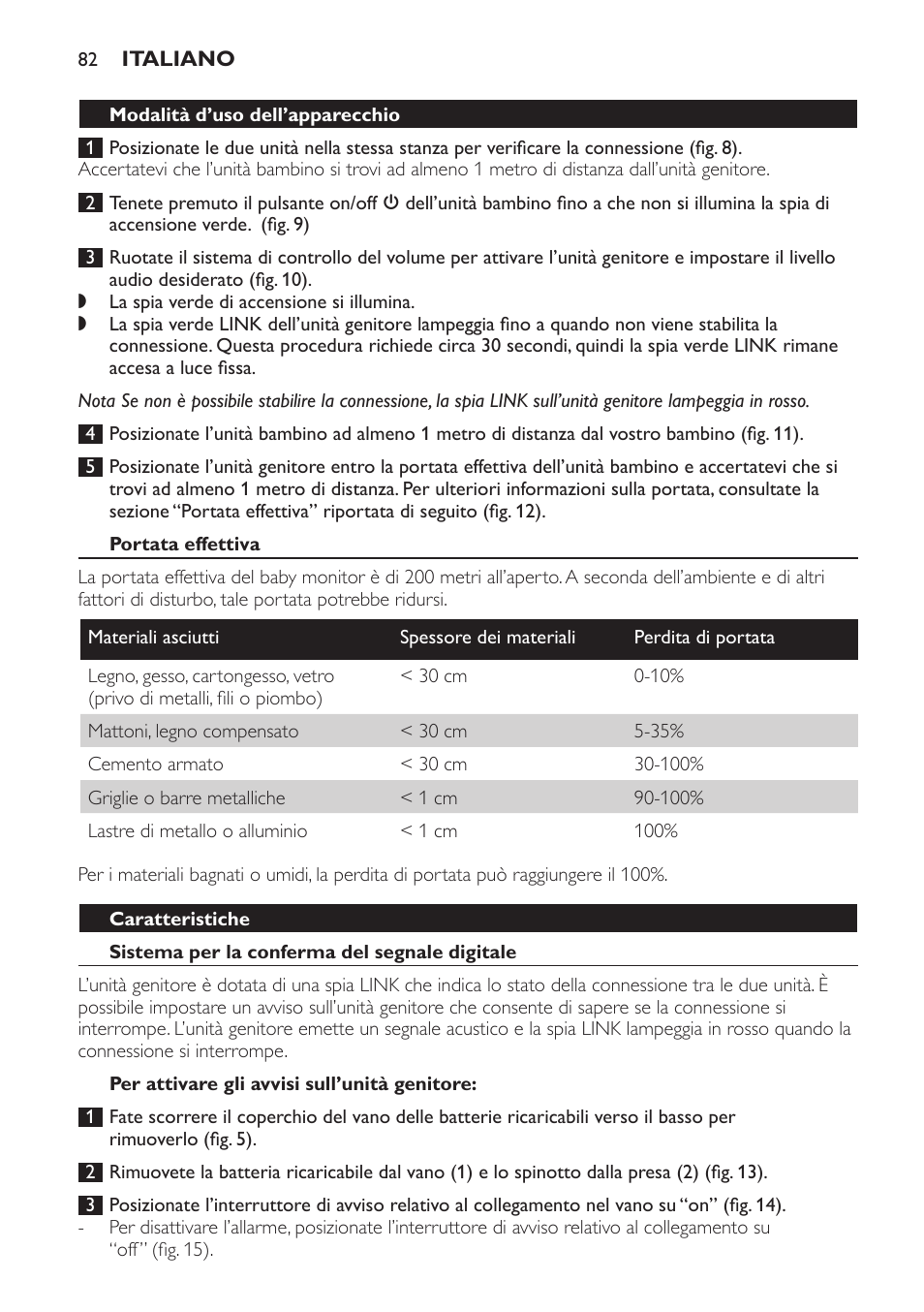 Modalità d’uso dell’apparecchio, Portata effettiva, Caratteristiche | Sistema per la conferma del segnale digitale, Per attivare gli avvisi sull’unità genitore | Philips SCD481 User Manual | Page 82 / 152