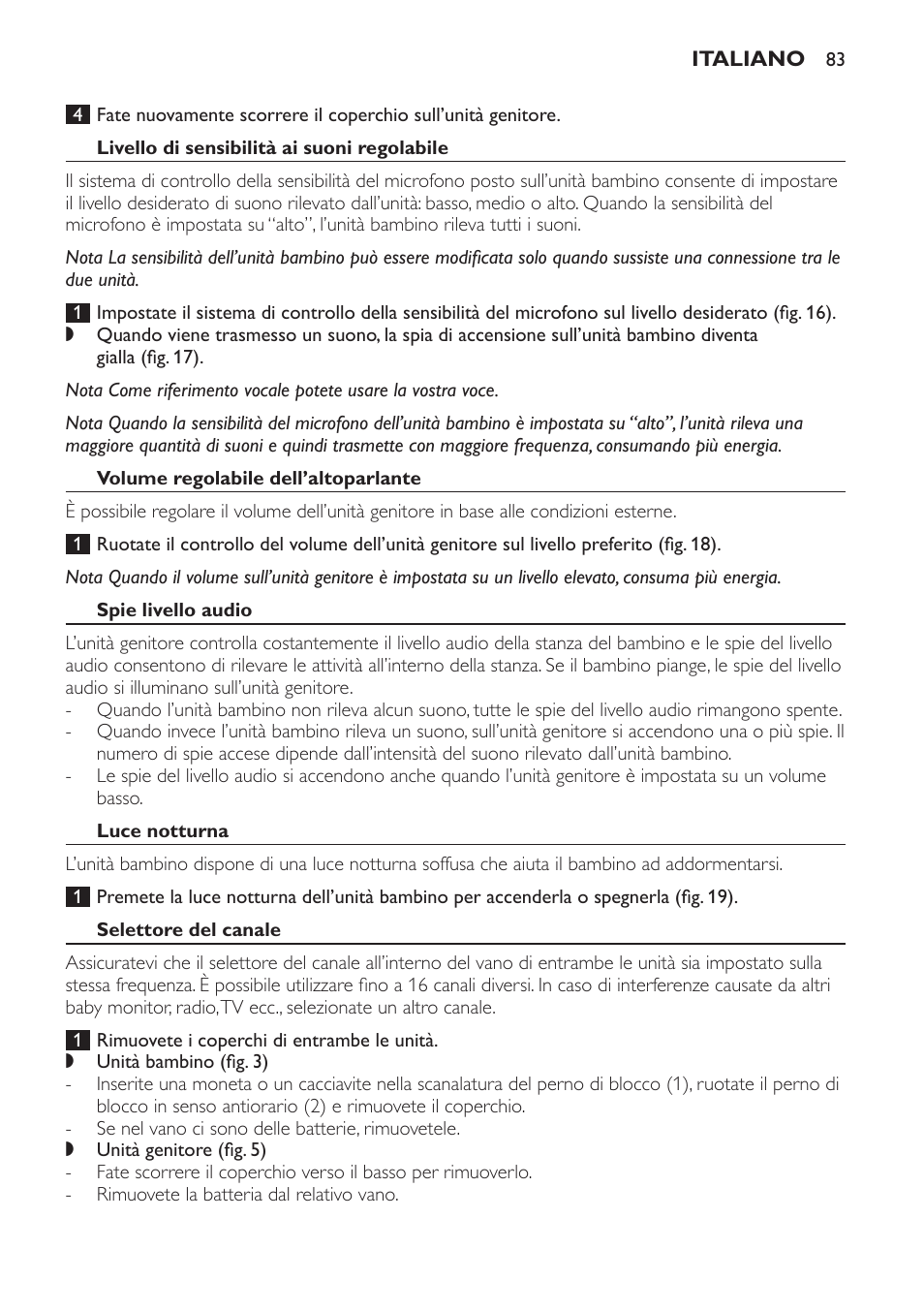 Livello di sensibilità ai suoni regolabile, Volume regolabile dell’altoparlante, Spie livello audio | Luce notturna, Selettore del canale | Philips SCD481 User Manual | Page 83 / 152
