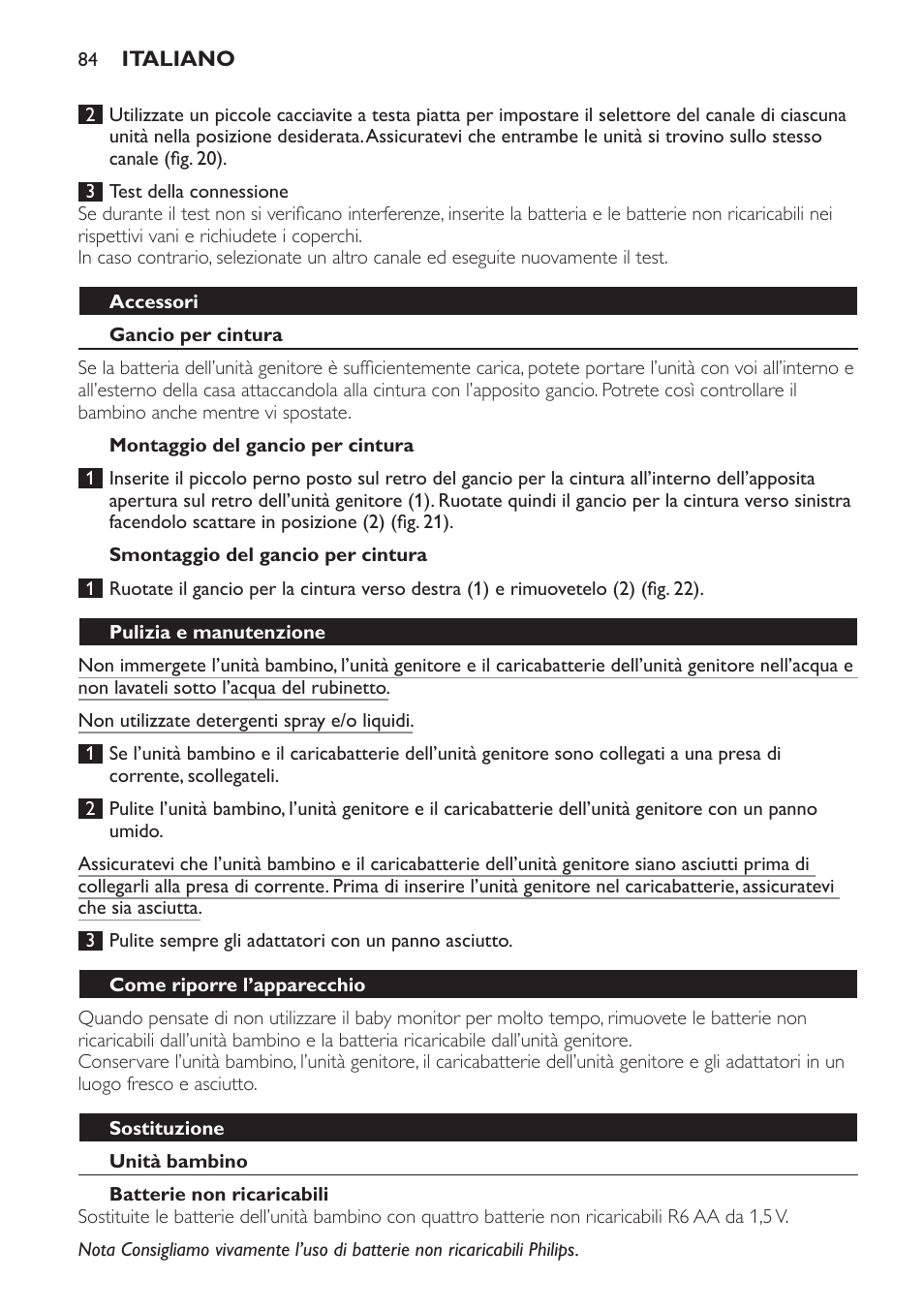 Accessori, Gancio per cintura, Montaggio del gancio per cintura | Smontaggio del gancio per cintura, Pulizia e manutenzione, Come riporre l’apparecchio, Sostituzione, Unità bambino, Batterie non ricaricabili | Philips SCD481 User Manual | Page 84 / 152