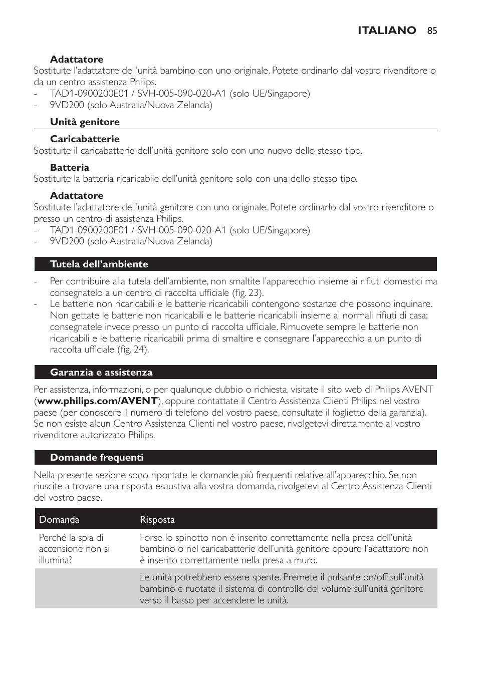 Adattatore, Unità genitore, Caricabatterie | Batteria, Tutela dell’ambiente, Garanzia e assistenza, Domande frequenti | Philips SCD481 User Manual | Page 85 / 152