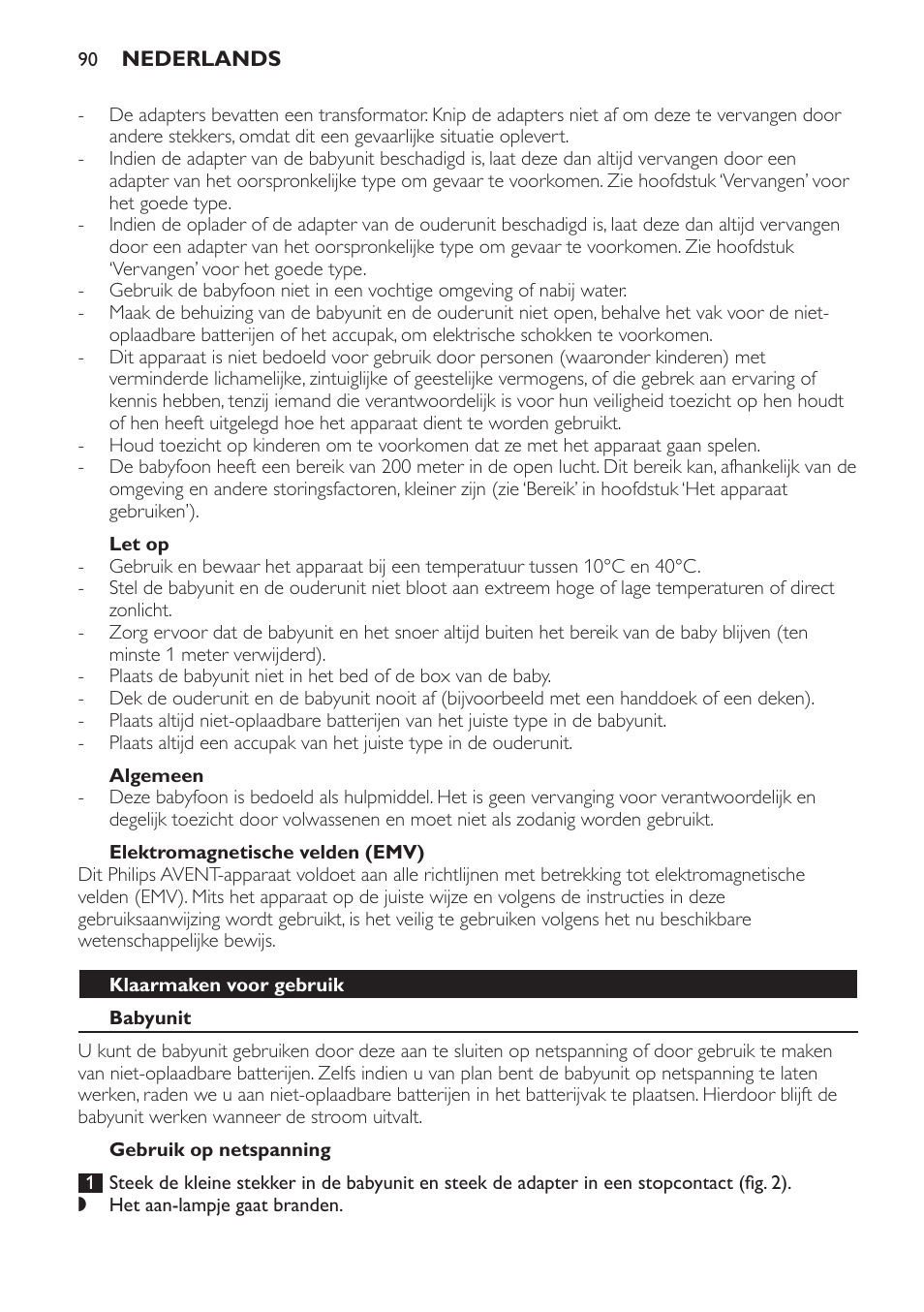 Let op, Algemeen, Elektromagnetische velden (emv) | Klaarmaken voor gebruik, Babyunit, Gebruik op netspanning | Philips SCD481 User Manual | Page 90 / 152