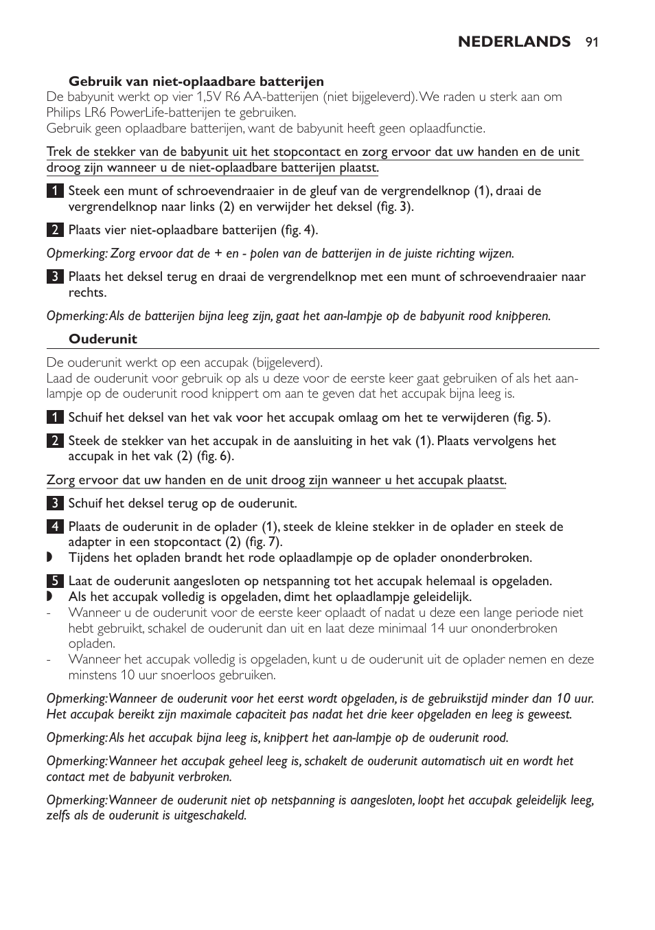 Gebruik van niet-oplaadbare batterijen, Ouderunit, Het apparaat gebruiken | Philips SCD481 User Manual | Page 91 / 152