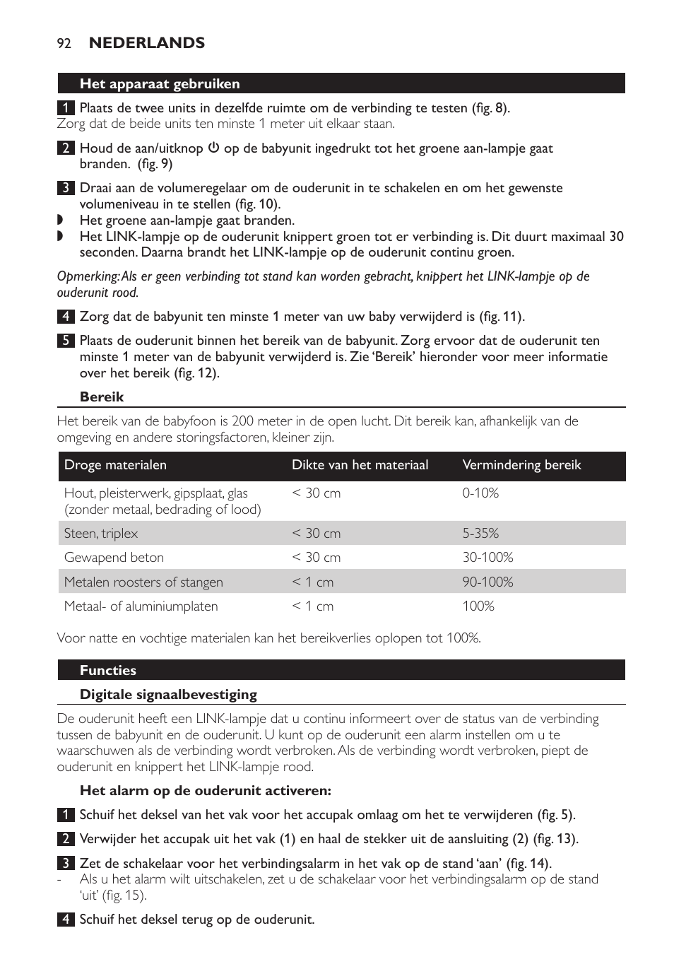 Bereik, Functies, Digitale signaalbevestiging | Het alarm op de ouderunit activeren | Philips SCD481 User Manual | Page 92 / 152