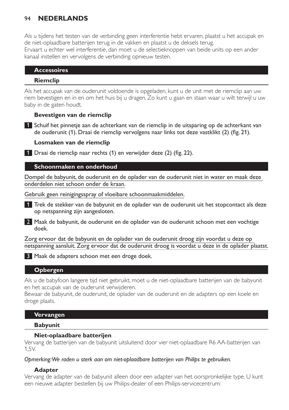 Accessoires, Riemclip, Bevestigen van de riemclip | Losmaken van de riemclip, Schoonmaken en onderhoud, Opbergen, Vervangen, Babyunit, Niet-oplaadbare batterijen, Adapter | Philips SCD481 User Manual | Page 94 / 152