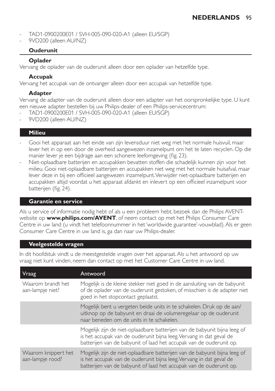 Ouderunit, Oplader, Accupak | Adapter, Milieu, Garantie en service, Veelgestelde vragen | Philips SCD481 User Manual | Page 95 / 152