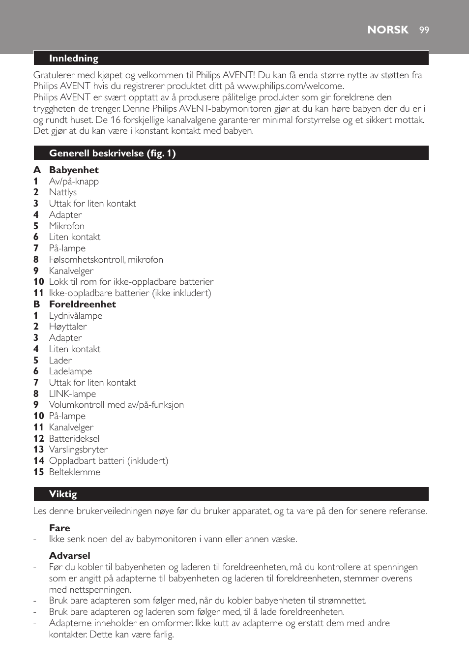 Fare, Advarsel, Norsk | Innledning, Generell beskrivelse (fig. 1), Viktig | Philips SCD481 User Manual | Page 99 / 152