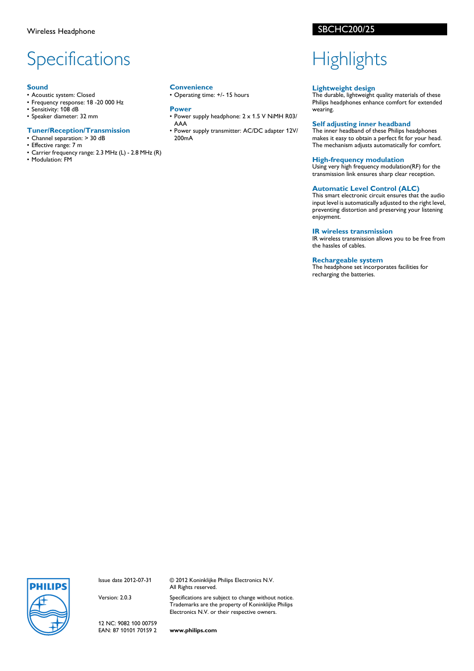 Specifications, Highlights | Philips SBC HC200 User Manual | Page 2 / 2