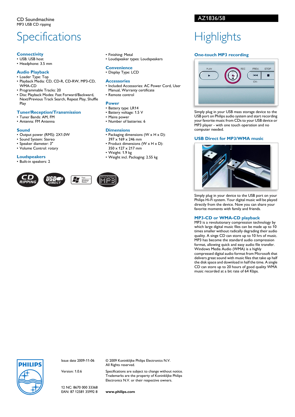 Specifications, Highlights | Philips AZI836 User Manual | Page 2 / 2