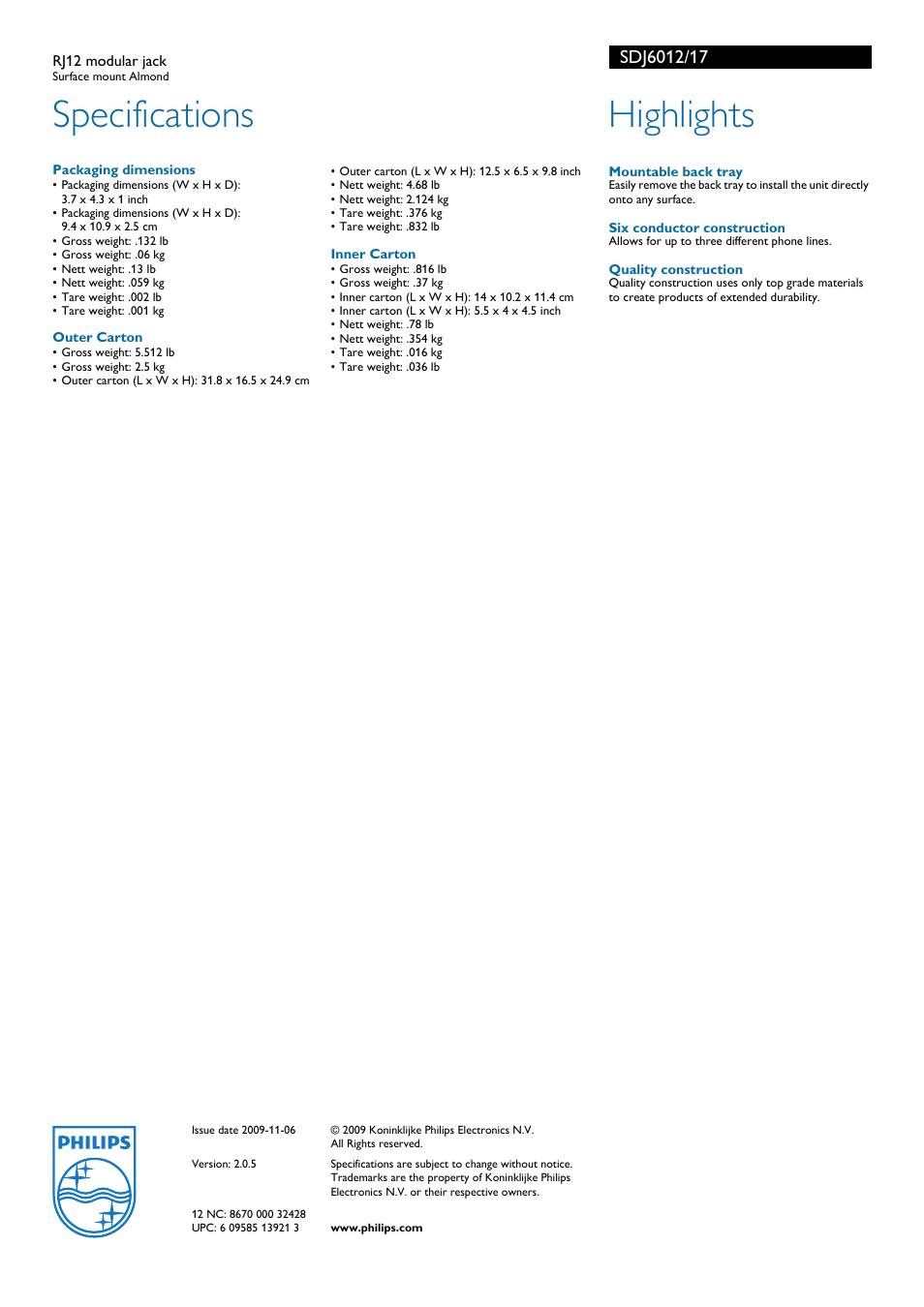 Specifications, Highlights | Philips SDJ6012 User Manual | Page 2 / 2