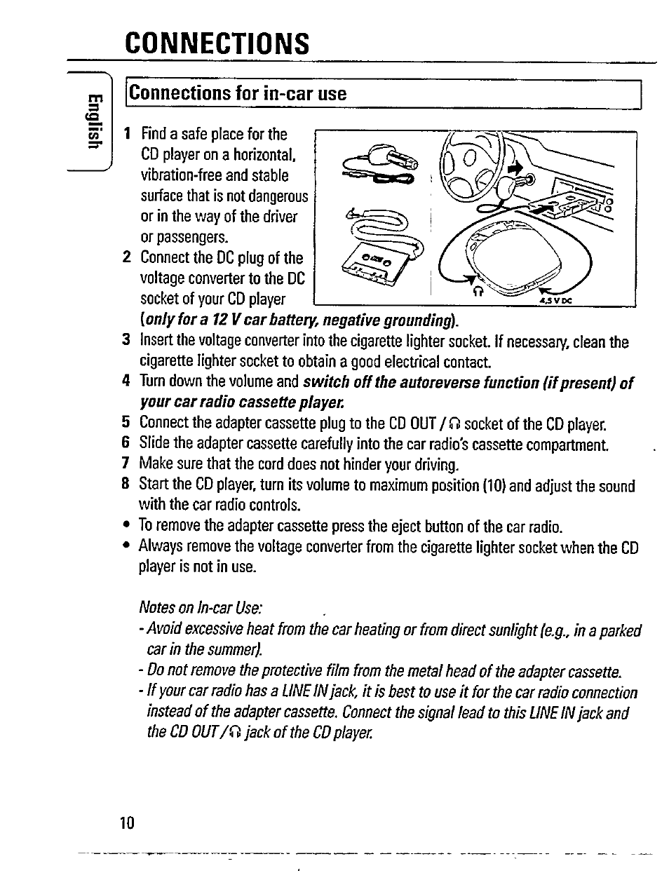 Connections, Connections for in-car use, Connections for in-car use 1 | Philips Magnavox AZ 7363C User Manual | Page 10 / 28