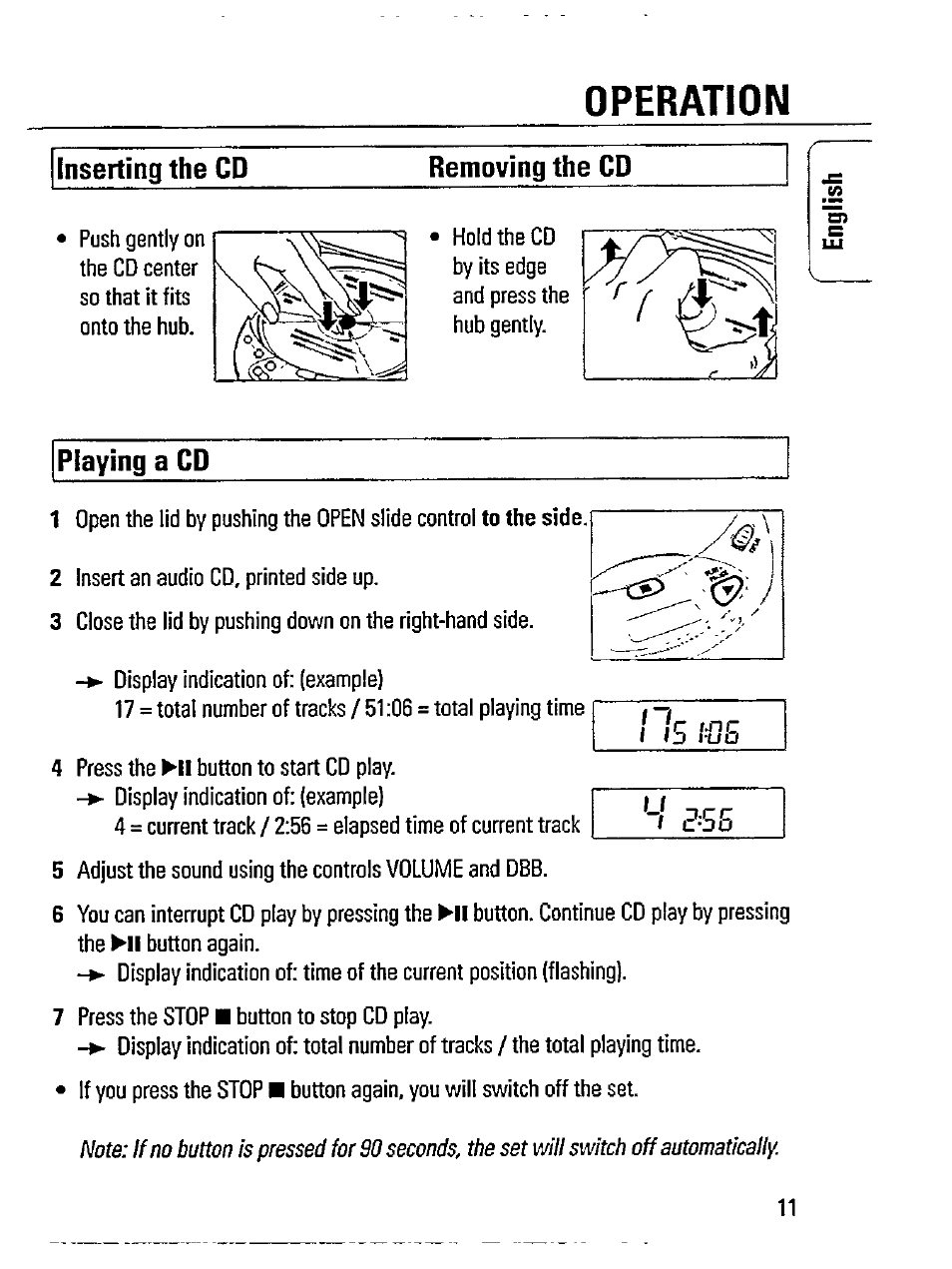 Inserting the cd, Removing the cd, Playing a cd | Operation, Vote, Inserting the cd removing the cd | Philips Magnavox AZ 7363C User Manual | Page 11 / 28