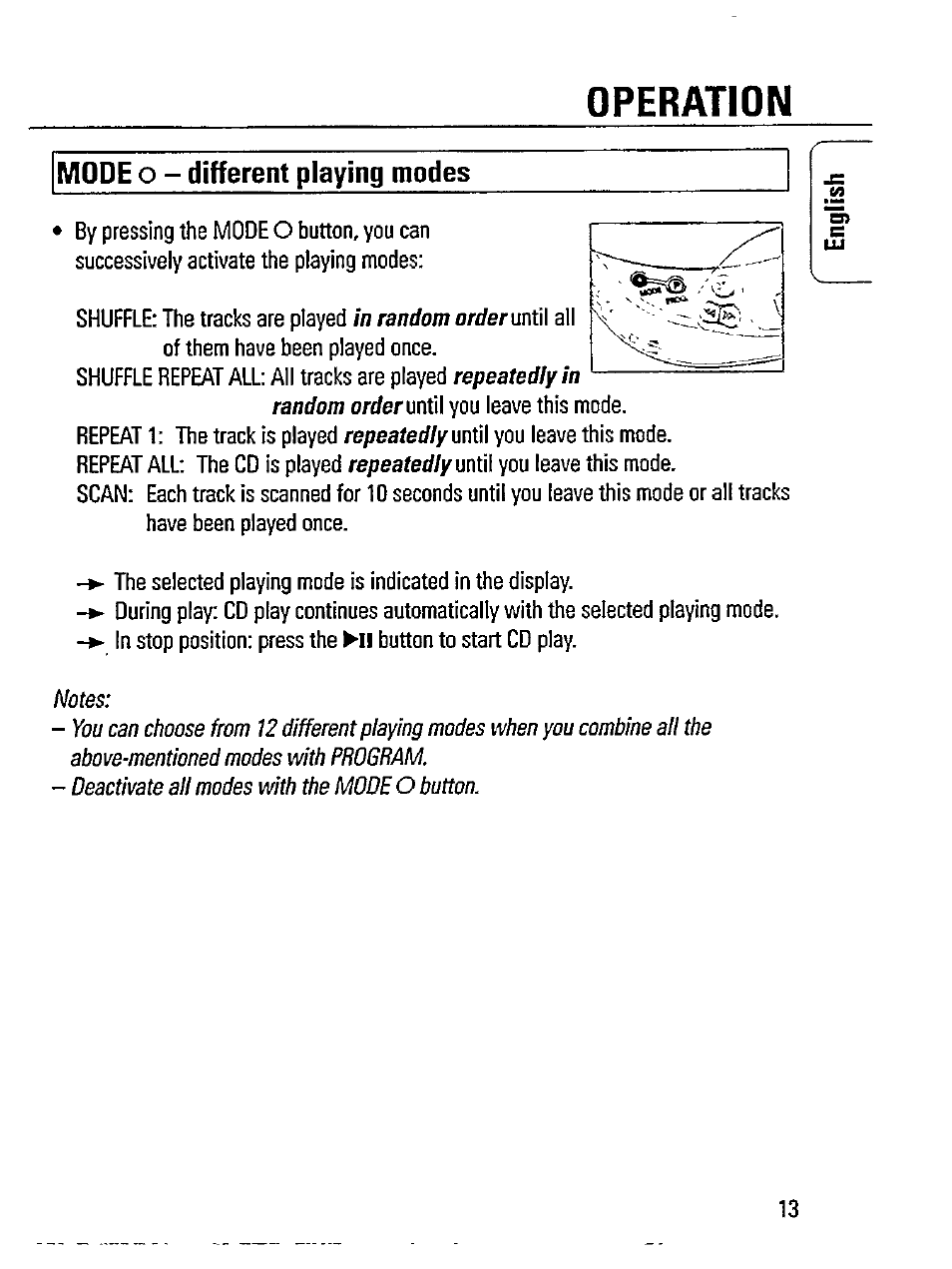 Operation, Mode, Different playing modes | Philips Magnavox AZ 7363C User Manual | Page 13 / 28