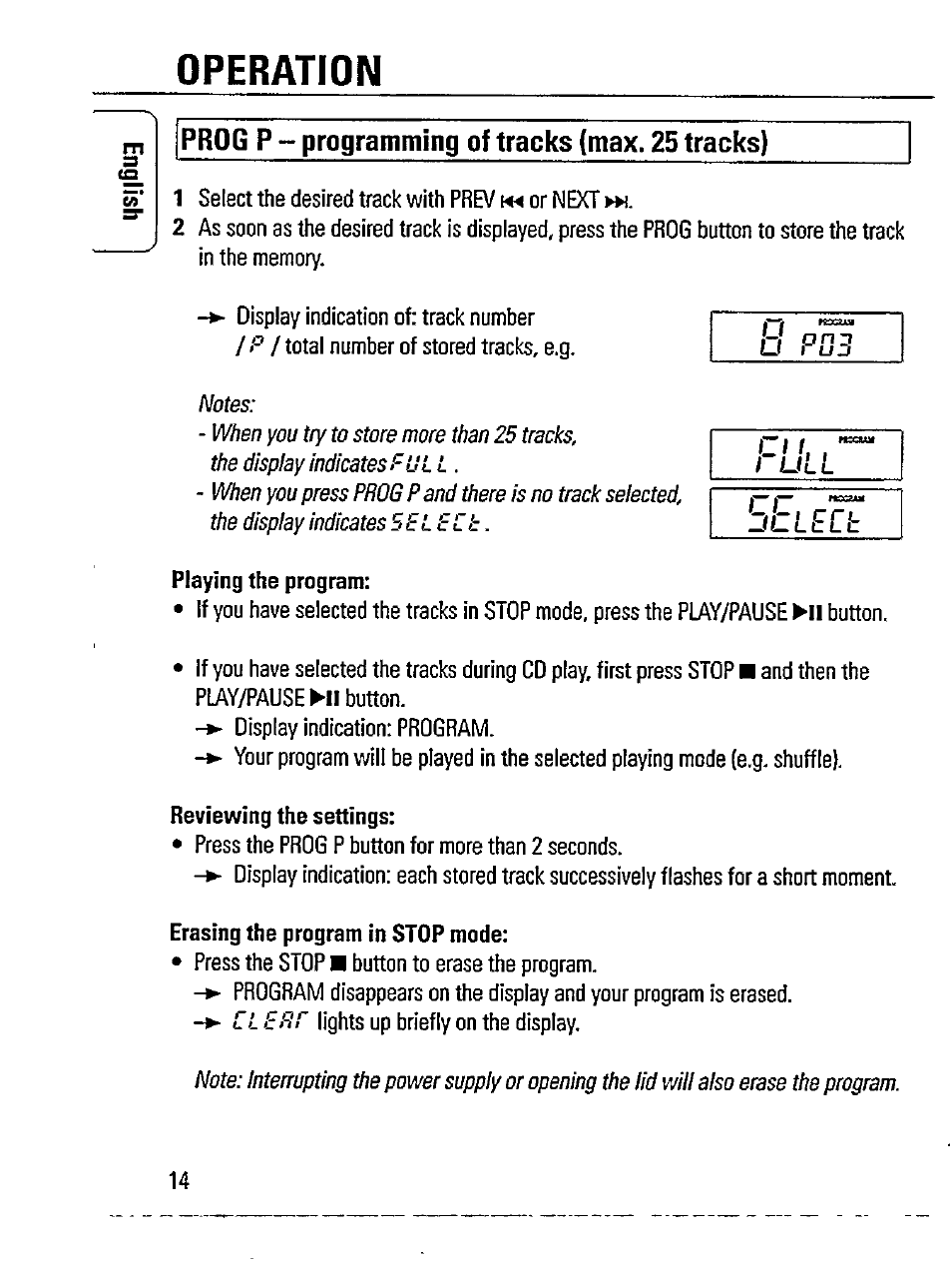 Prog p - programming of tracks (max. 25 tracks), Operation | Philips Magnavox AZ 7363C User Manual | Page 14 / 28