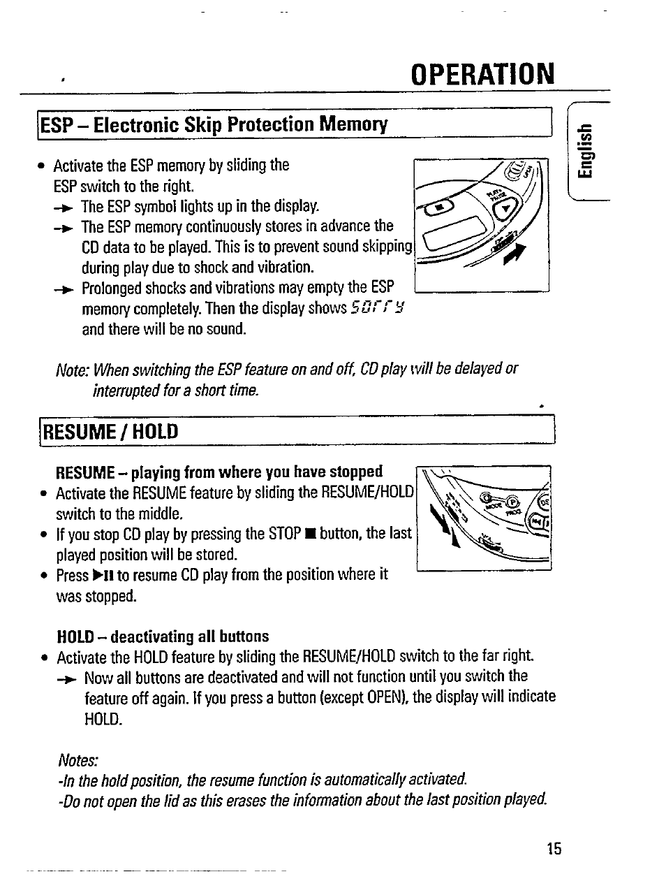 Resume - playing from where you have stopped, Hold - deactivating all buttons, Operation | Resume/hold | Philips Magnavox AZ 7363C User Manual | Page 15 / 28