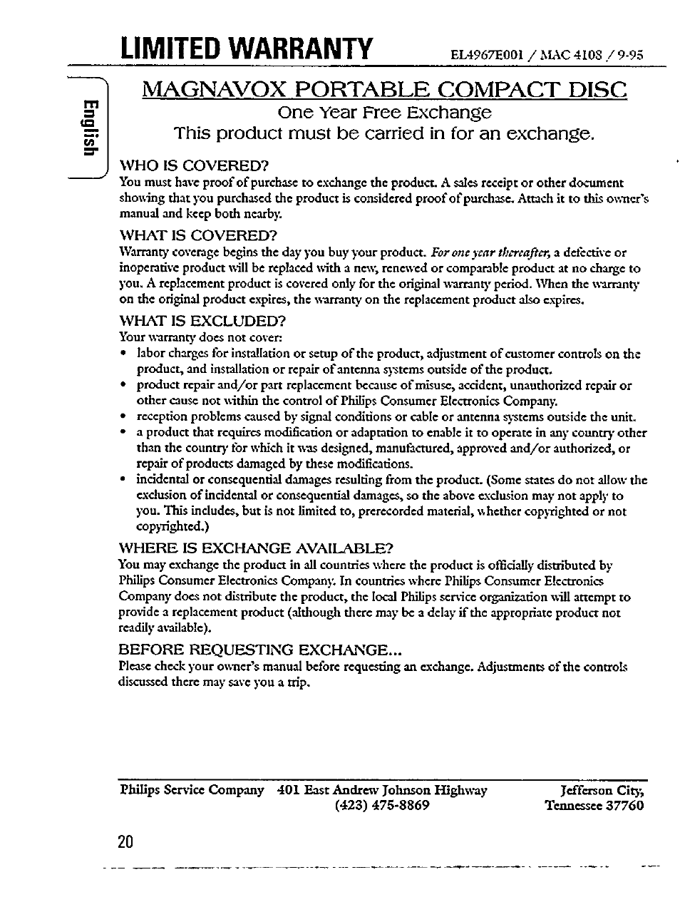 Magnavox portable compact disc, Limited warranty | Philips Magnavox AZ 7363C User Manual | Page 20 / 28