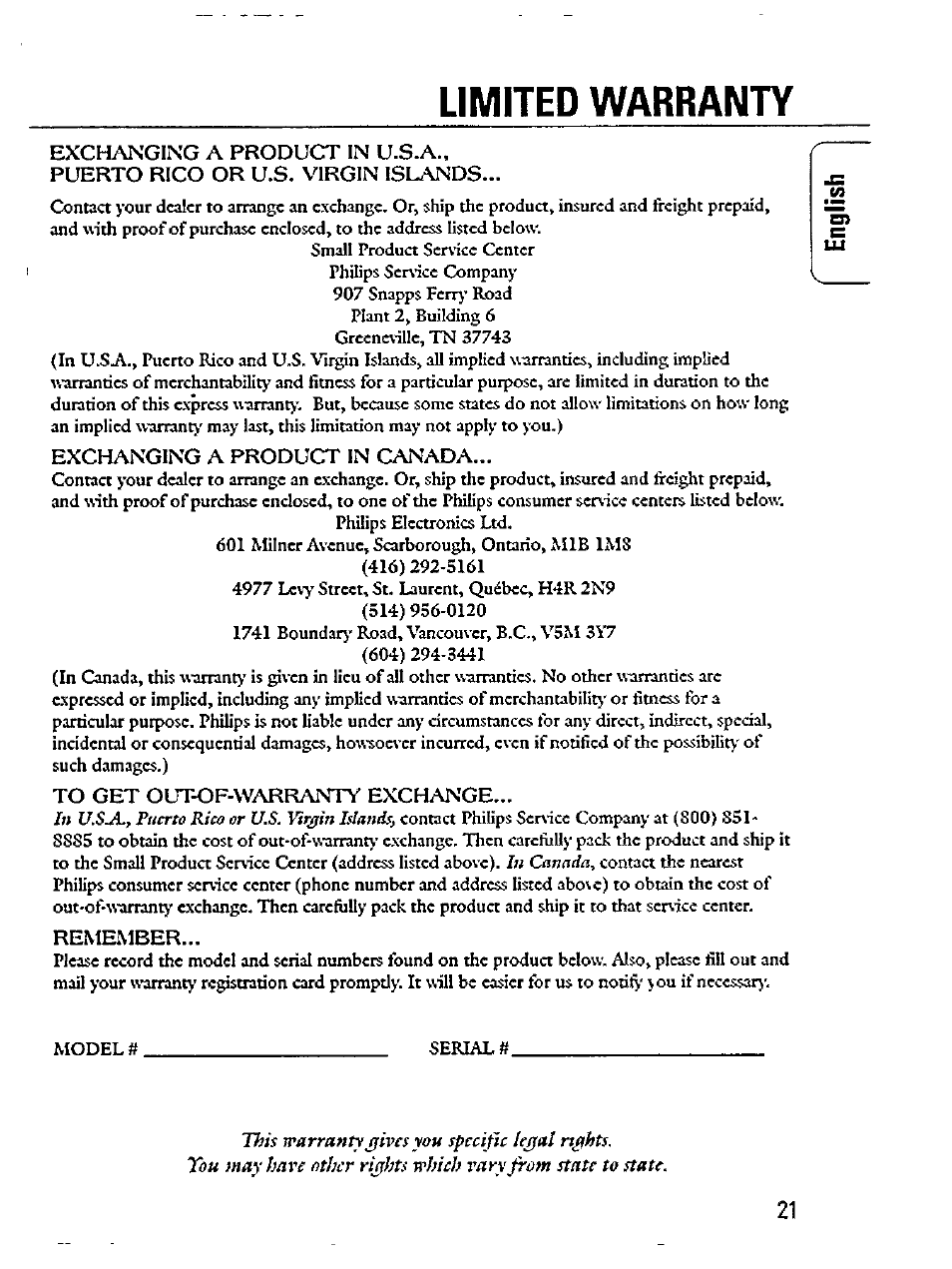 Limited warranty | Philips Magnavox AZ 7363C User Manual | Page 21 / 28