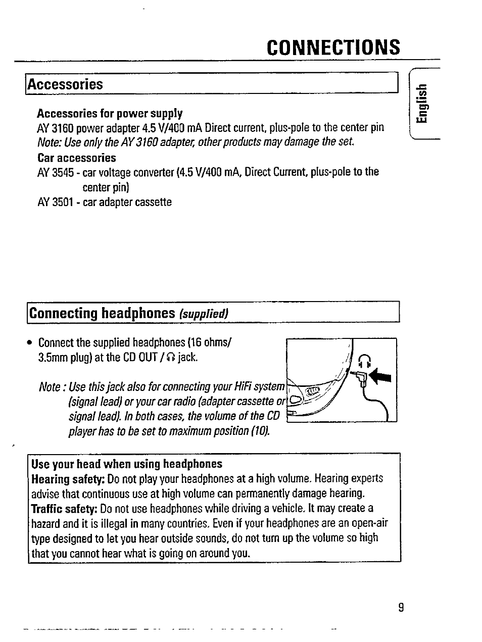 Connections, Accessories for power supply, Use your head when using headphones | Accessories, Connecting headphones | Philips Magnavox AZ 7363C User Manual | Page 9 / 28