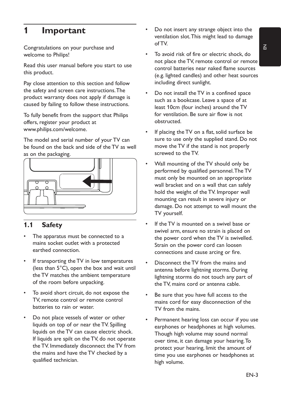 Important 1, Safety 1�1 | Philips 19HFL3330D/10 User Manual | Page 14 / 56