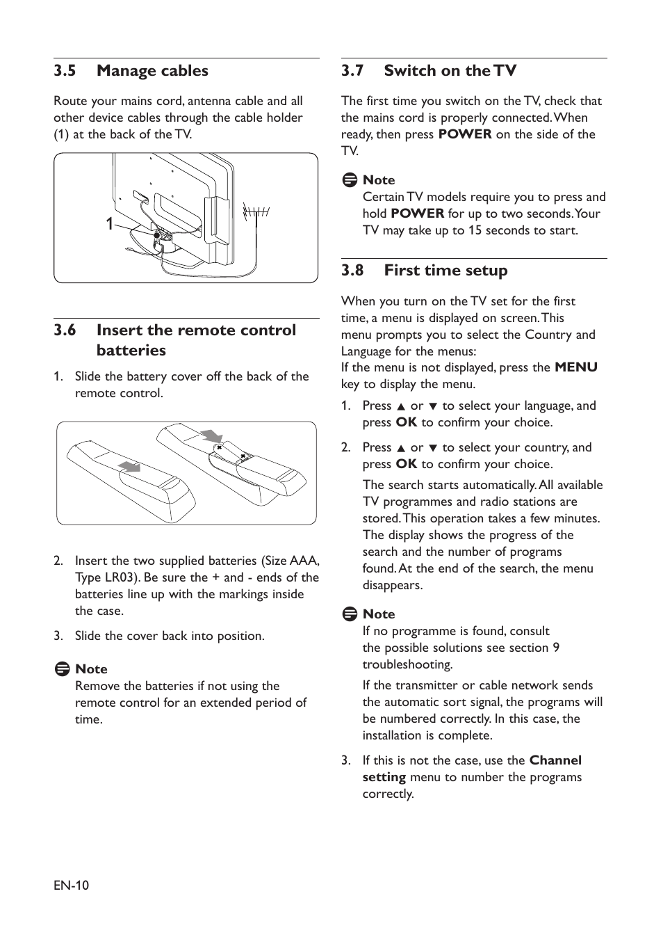 3�5 manage cables, 3�6 insert the remote control batteries, 3�7 switch on the tv | First time setup 3�8 | Philips 19HFL3330D/10 User Manual | Page 21 / 56