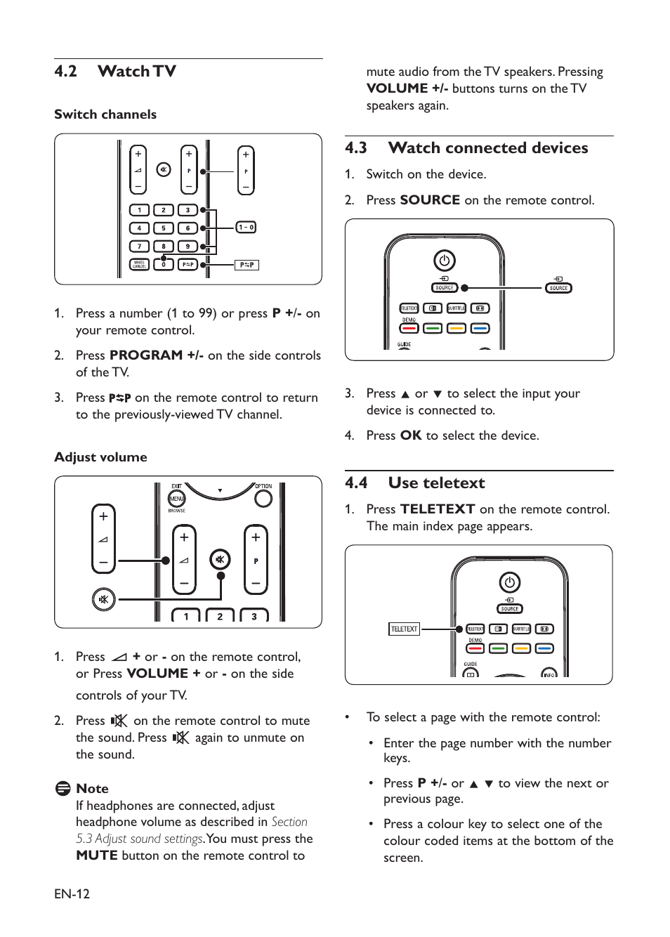 Watch tv 4�2, 4�3 watch connected devices, Use teletext 4�4 | Philips 19HFL3330D/10 User Manual | Page 23 / 56