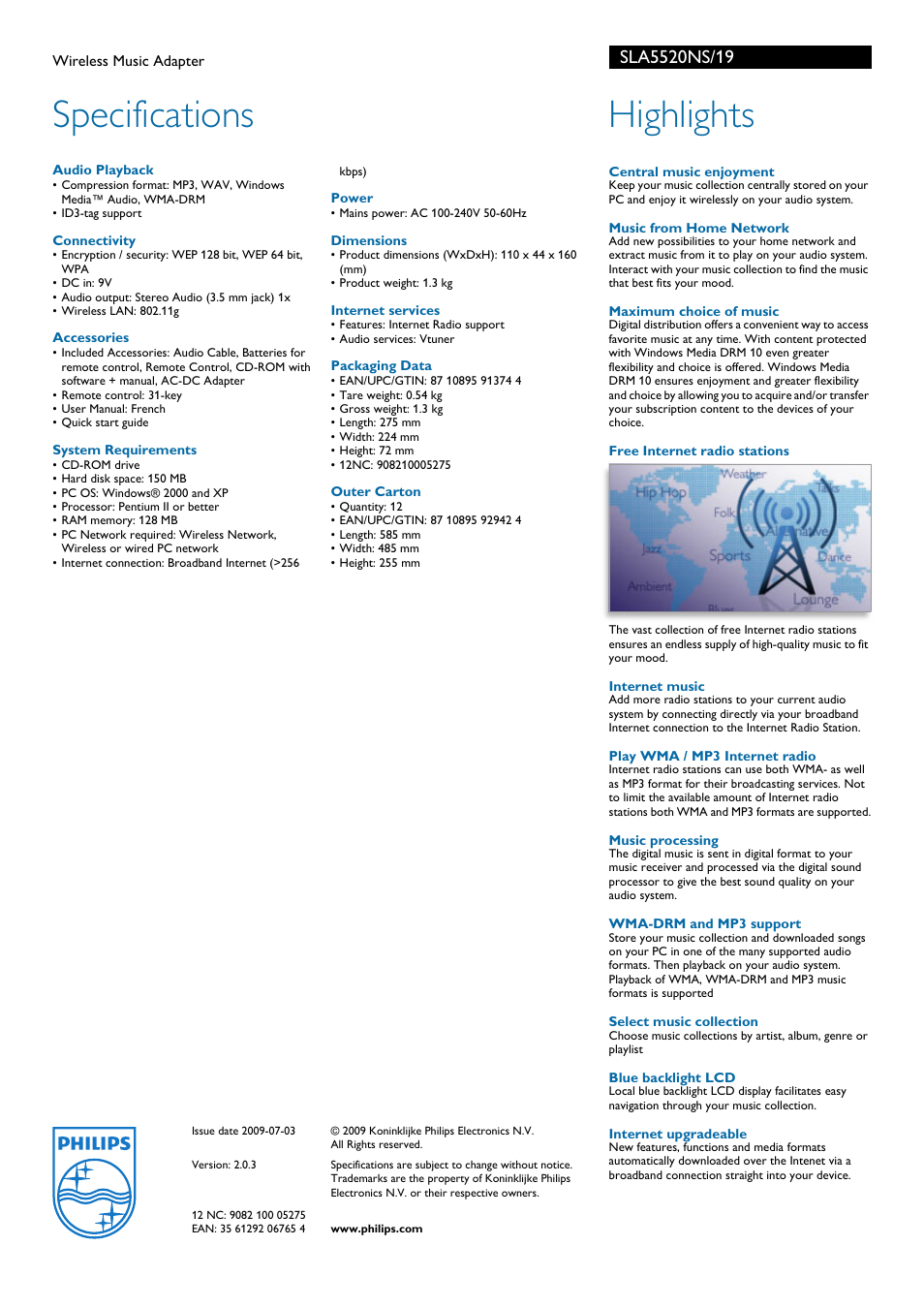 Specifications, Highlights | Philips SLA5520NS User Manual | Page 2 / 2