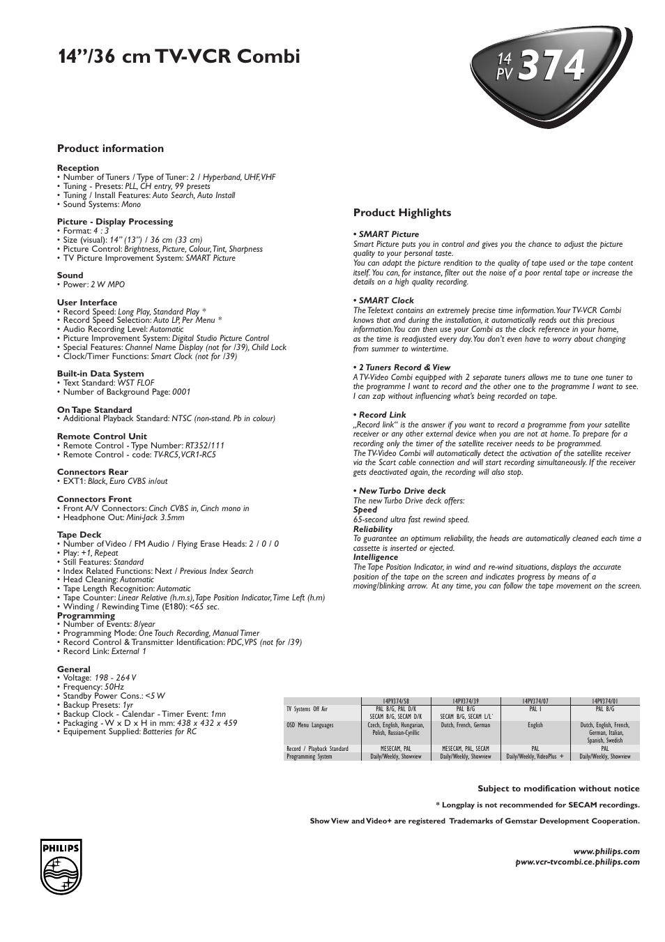 14’’/36 cm tv-vcr combi, 14 pv | Philips 14PV374 User Manual | Page 2 / 2